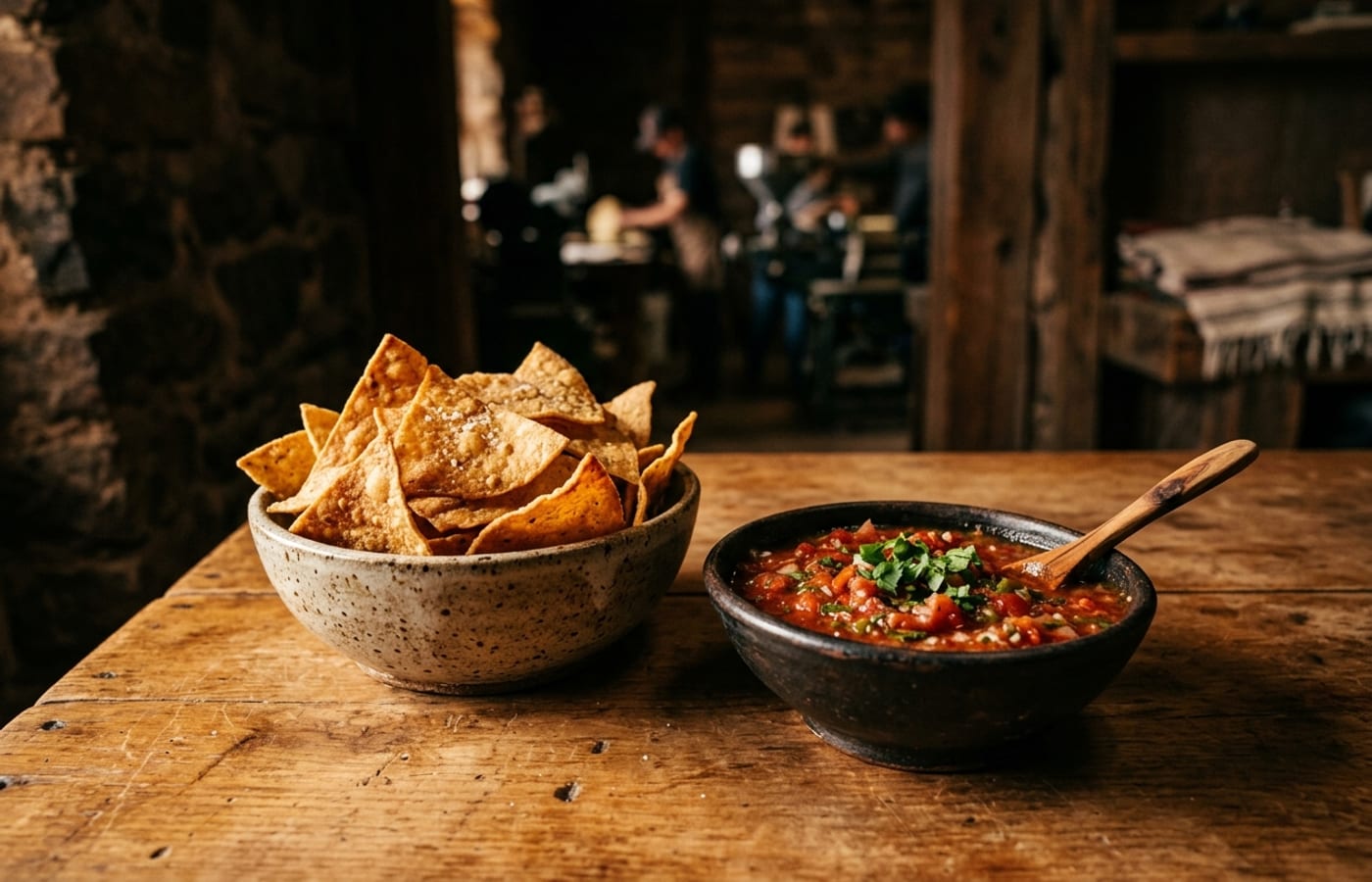 A basket of golden tortilla chips with a warm amber light, fresh from the fryer at a commercial kitchen.