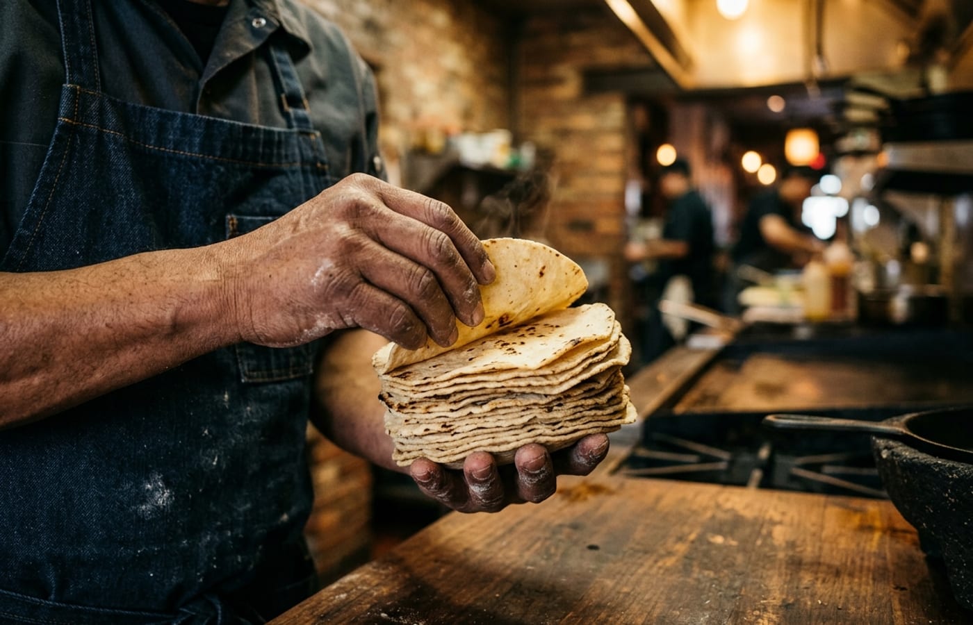 Restaurant chef examining a stack of fresh corn tortillas with tongs in a warm kitchen, evaluating a tortilla supplier's product.