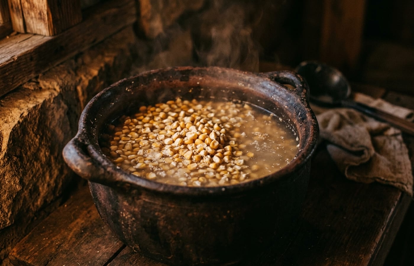 Corn soaking in a dark clay pot with food-grade lime at Leal's — the nixtamalization step, warm light and rising steam.