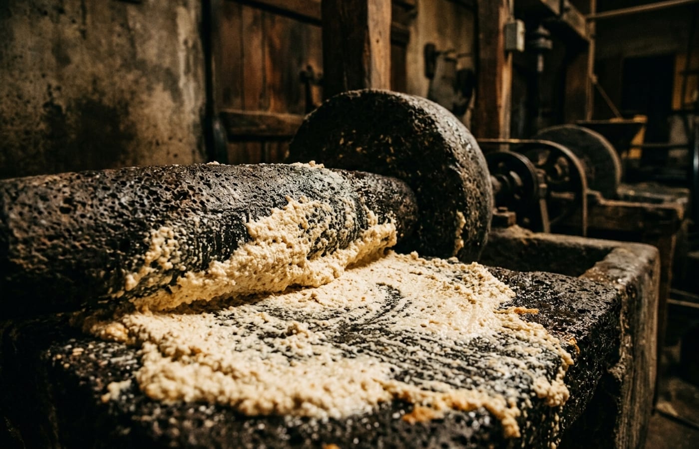 Volcanic stone mill at Leal's Tortilla Factory grinding wet corn masa, steam visible, warm workshop light.