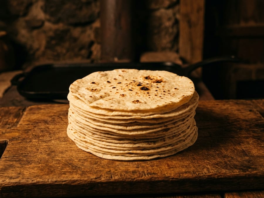 Una pila de tortillas de harina frescas con marcas de comal.