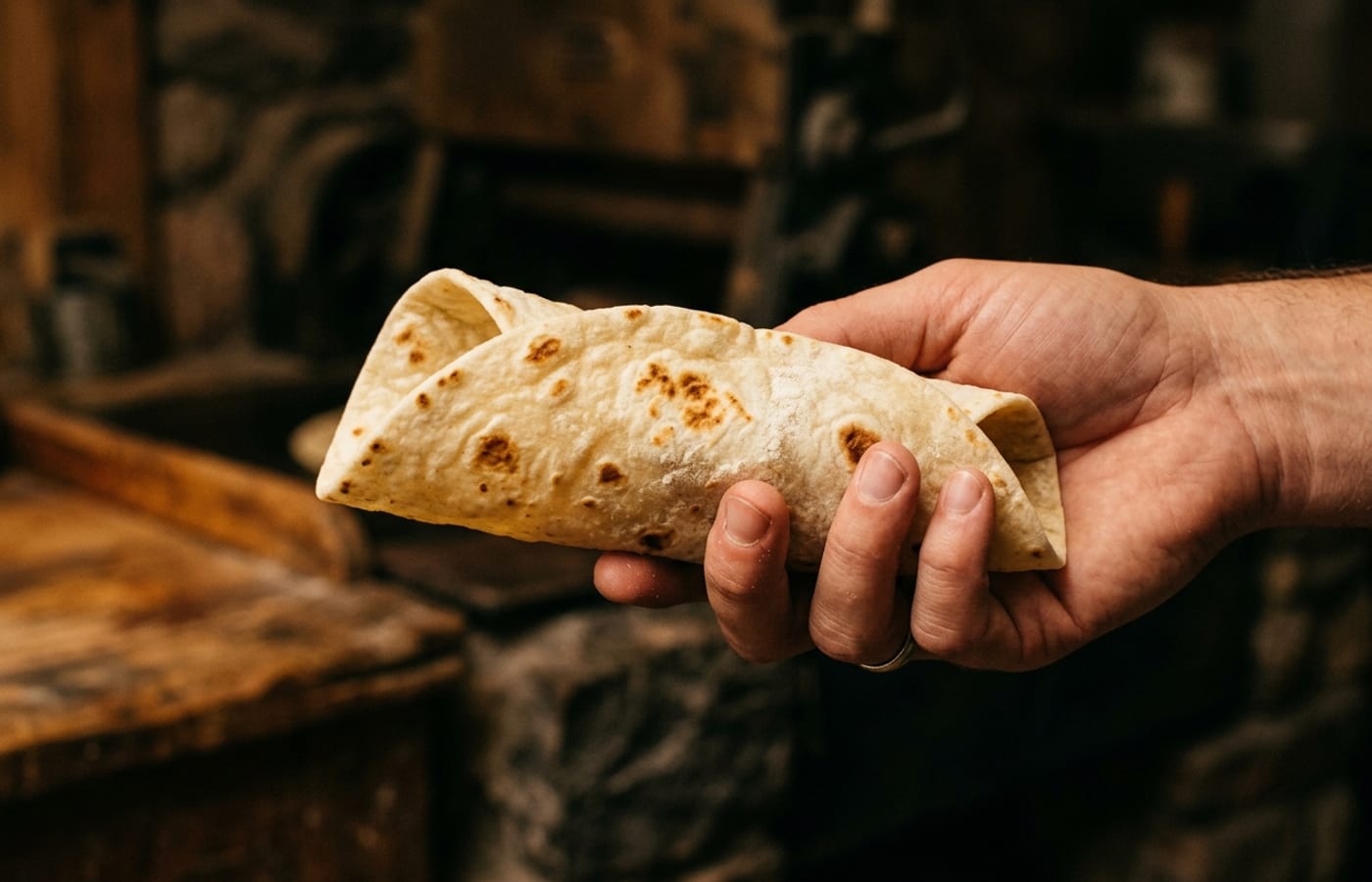 A flour tortilla being folded around a filling in a restaurant kitchen — demonstrates pliability without tearing.