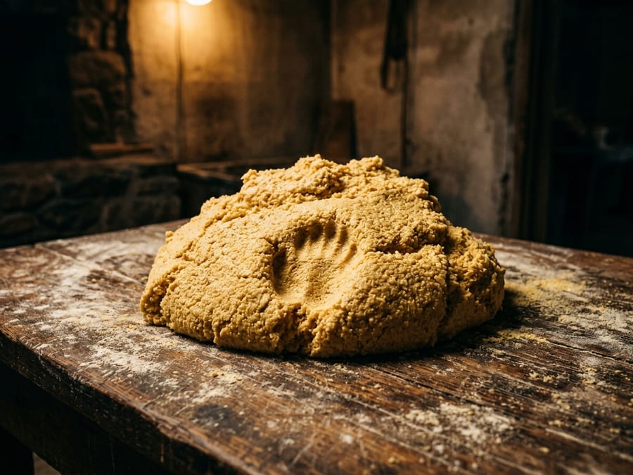 Masa molida en piedra sobre una superficie de madera.