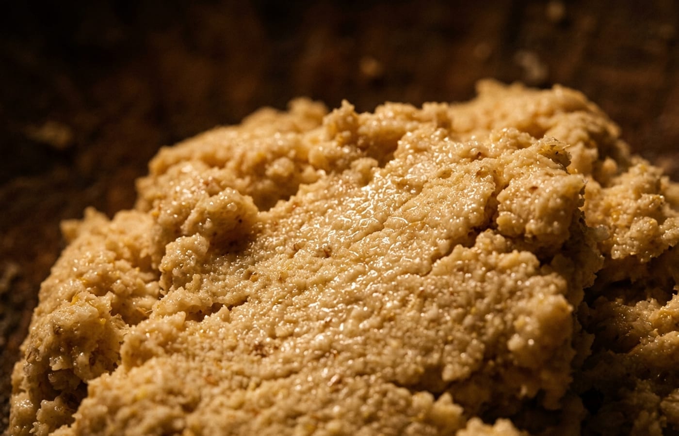 Fresh ground masa at Leal's Tortilla Factory — moist and glistening with real texture, earthy background, shallow depth of field.