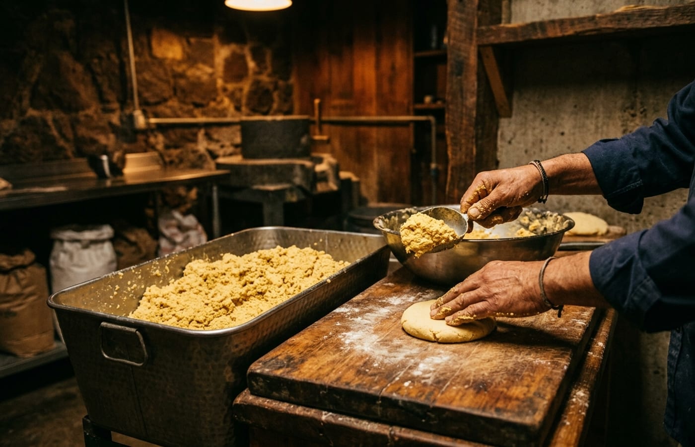 Fresh masa being portioned at the counter inside Leal's Tortilla Factory, 109 E Ash Ave, Muleshoe TX — a real working factory open to walk-in customers.