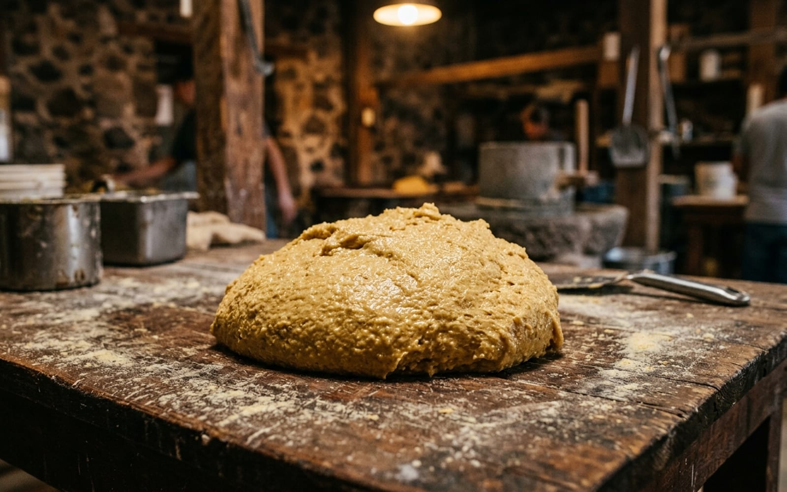 Fresh stone-ground masa dough on a wooden surface at Leal's Tortilla Factory, Muleshoe TX — moist texture, warm overhead light, slight thumbprint impression.