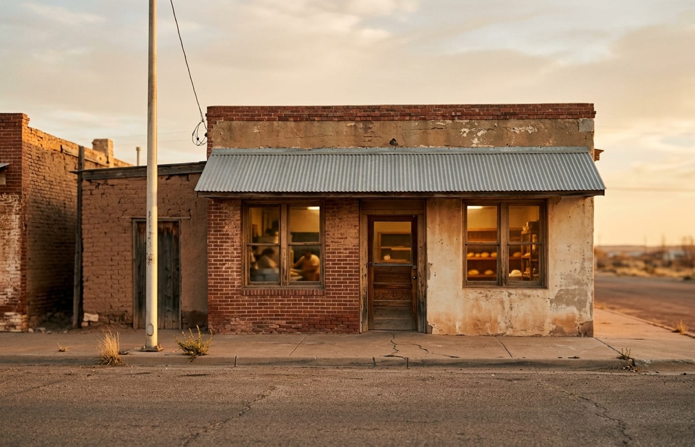 The Leal's Tortilla Factory building in Muleshoe, Texas at dusk — a modest working factory that has run since 1957.
