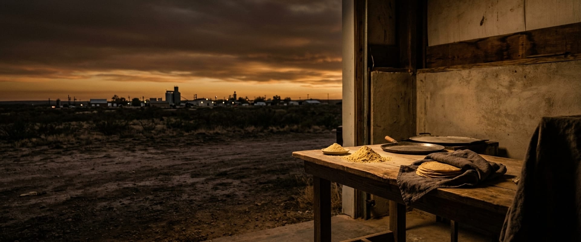 The flat West Texas horizon at dusk near Muleshoe, where Leal's Tortilla Factory has operated since 1957, with fresh masa and tortillas on a worktable.