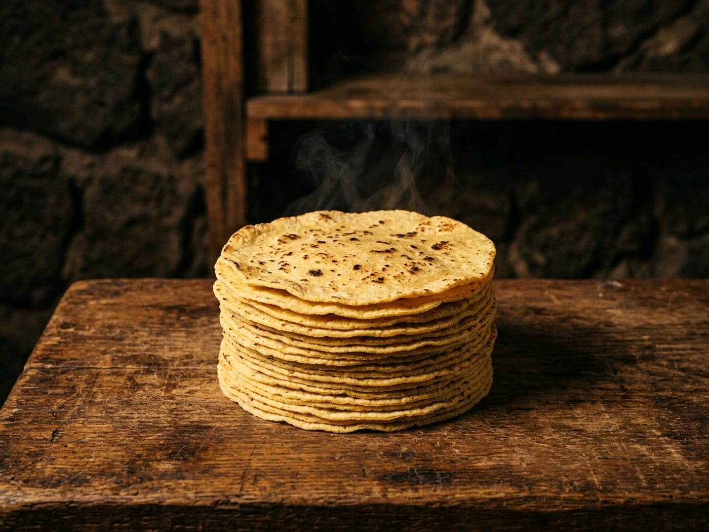 A stack of fresh corn tortillas from Leal's Tortilla Factory.