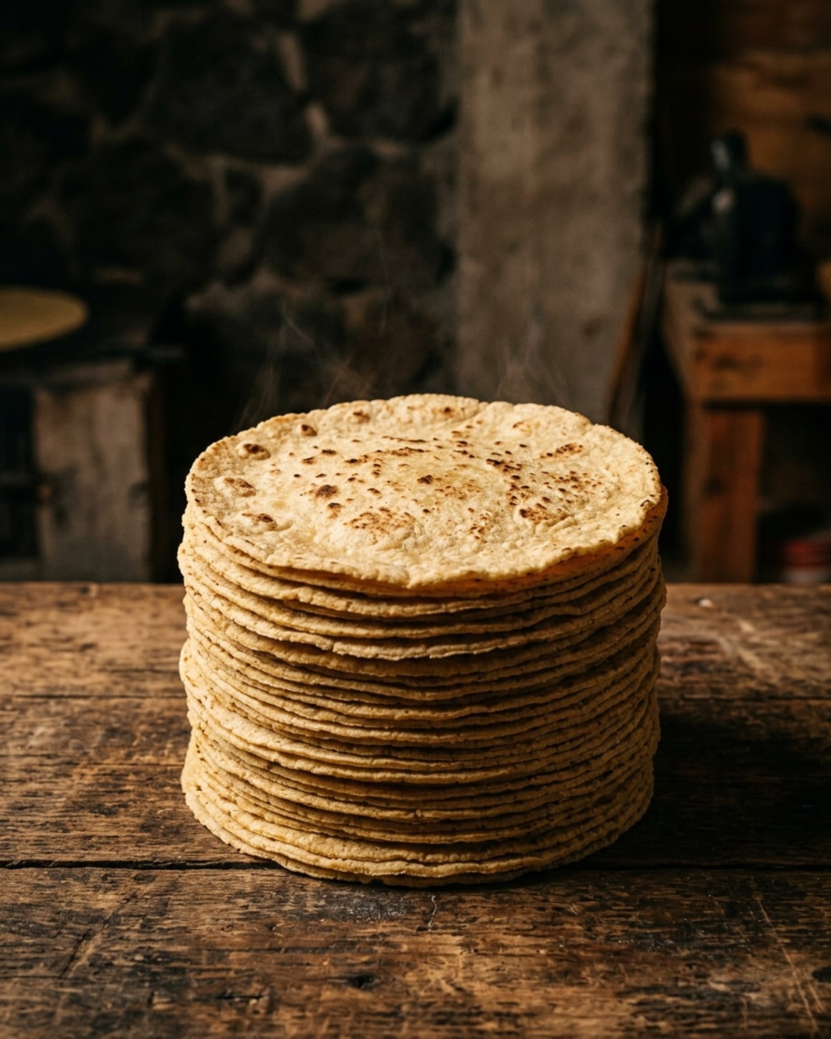 A stack of fresh corn tortillas from Leal's Tortilla Factory.