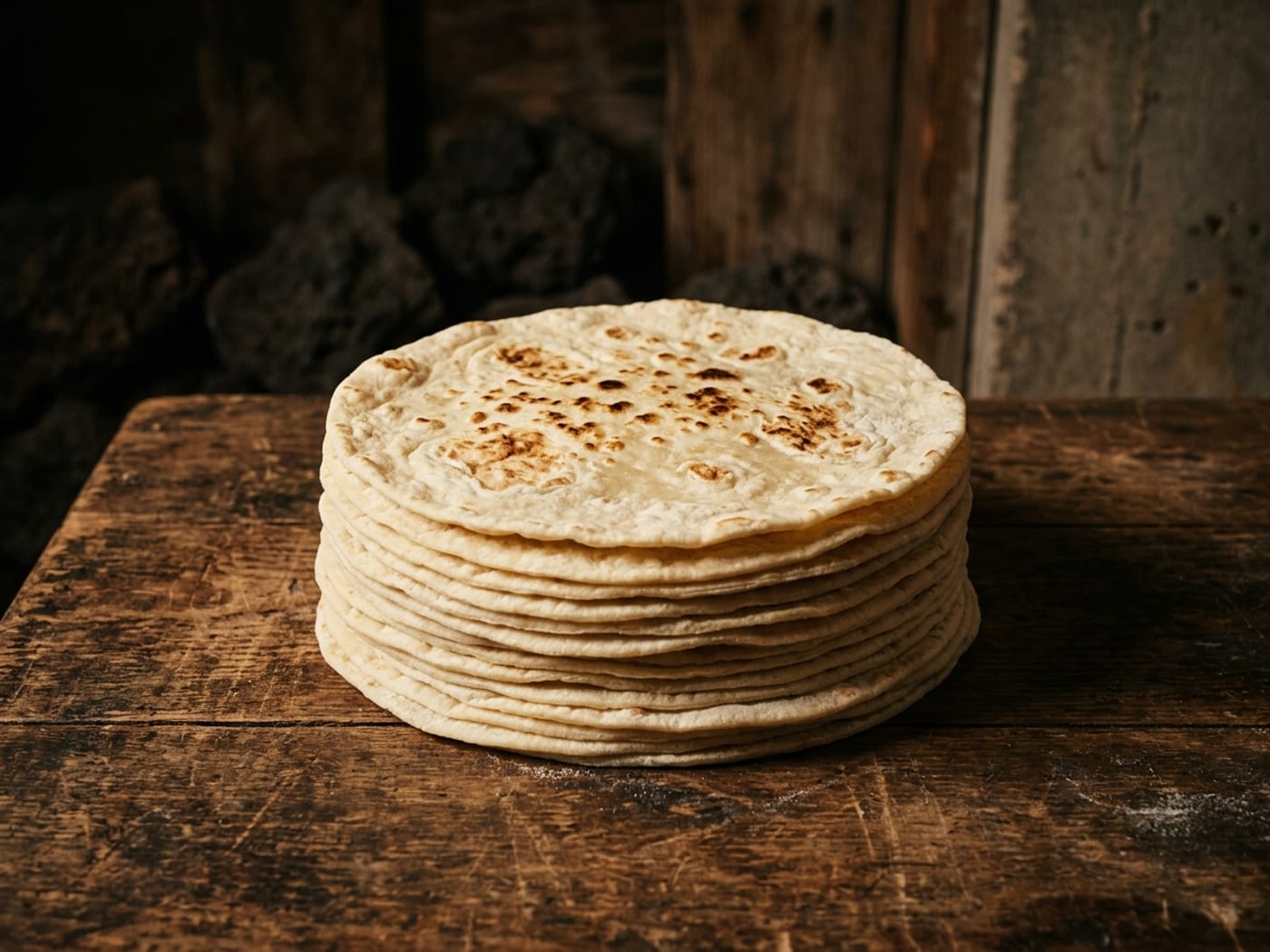 A stack of fresh flour tortillas with light char marks.