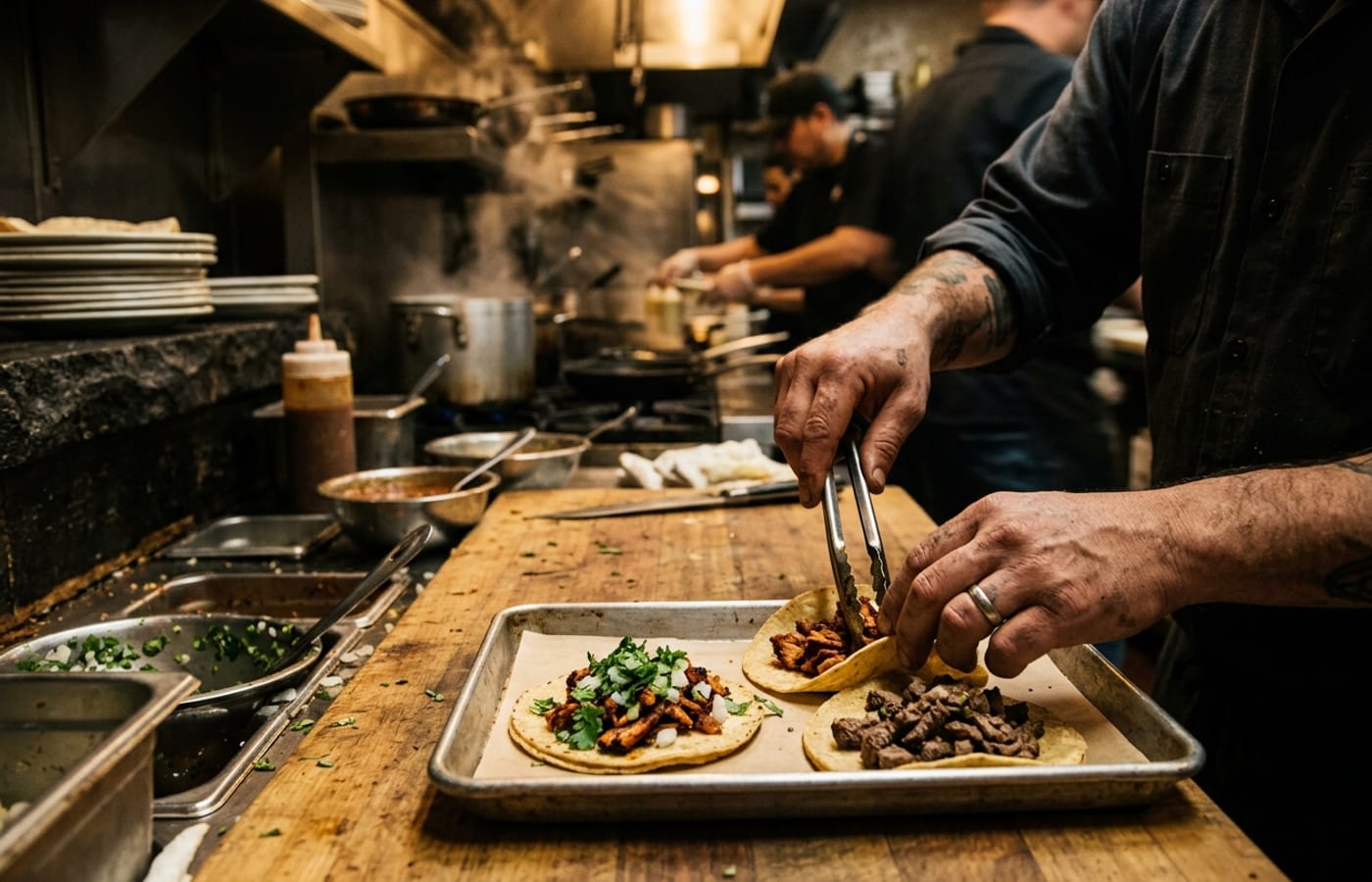 A taqueria line cook folding a corn tortilla taco — the tortillas are from Leal's Tortilla Factory.